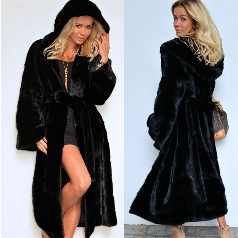 Autumn Winter Warm Jacket New Fashion FurCoats With Belt Woman Casual Loose Faux Fur Overcoat Jacket Long Hooded Mink Fur Coats