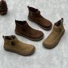 Johnature Retro Women Flat Short Boots Genuine Leather Shoes Handmade Round Toe Solid Color Ankle Boots