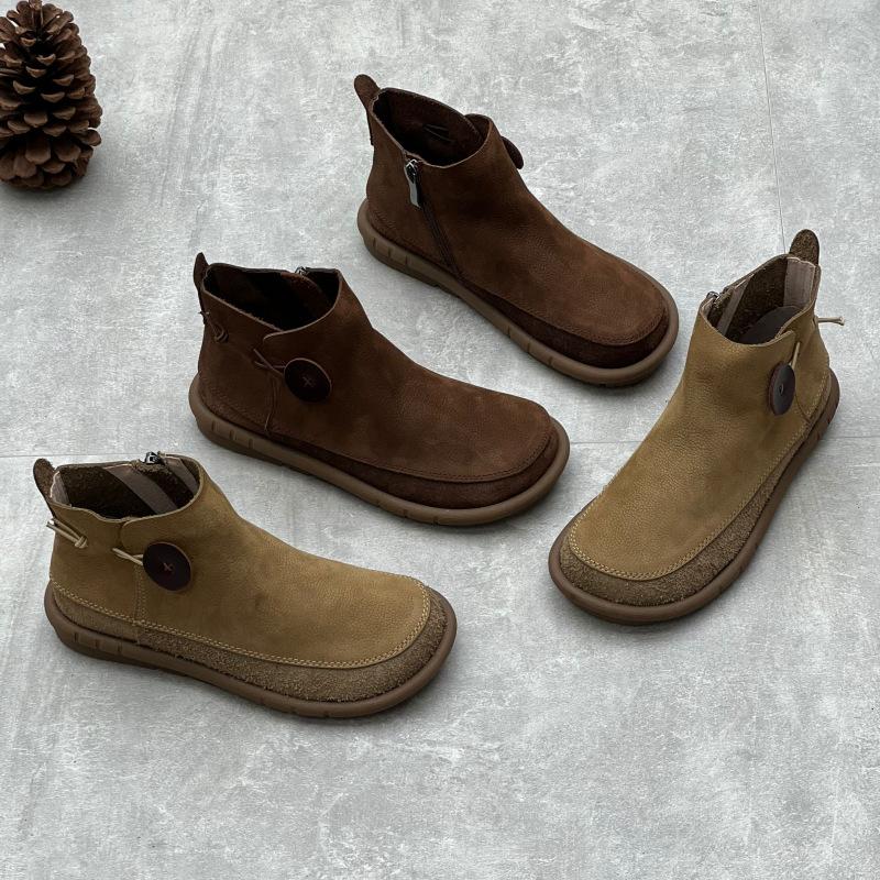 Johnature Retro Women Flat Short Boots Genuine Leather Shoes Handmade Round Toe Solid Color Ankle Boots