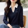 Casual Contrasting Polo Collar Loose T-shirt Autumn Embroidery Fashion Long Sleeved Contrasting Base Top for Women T-Shirts Women’s