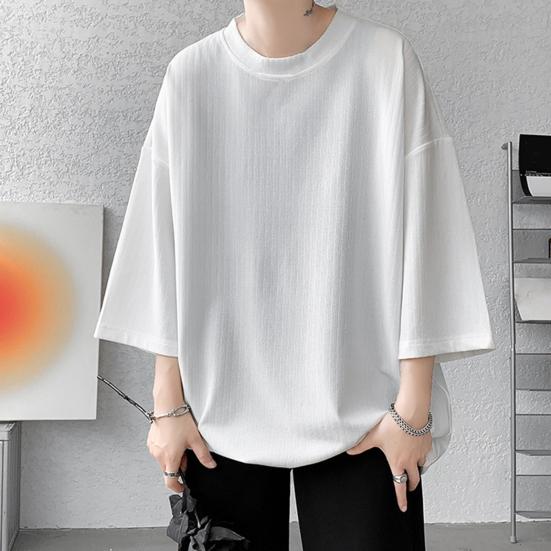 Men's Round Neck T-shirt Three-Quarter Length Sleeves Solid Color T-shirt Casual Style Loose Fit Tee Shirt for Street Travel Vacation