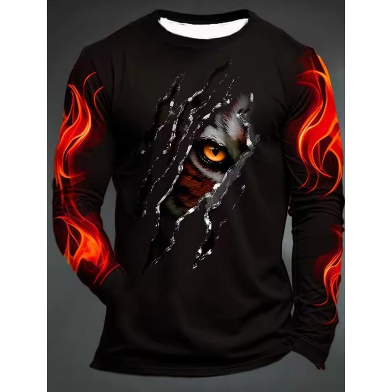 3D Printed Flame Scratch Pattern Autumn Men's Crew Neck T-Shirt Casual Long Sleeve Oversized Pullover Fashion Tops