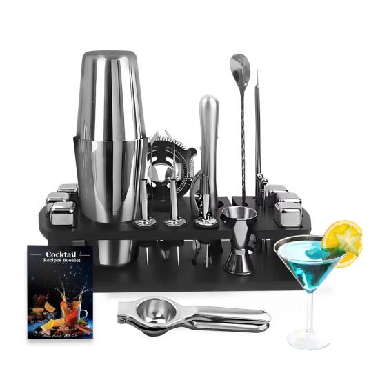 23Pcs Bartender Kit with Stand Silver Cocktail Shaker Set for Drink Mixing Martini Shaker Jigger Strainer Mixer Spoon Tongs Opener Stainless Steel