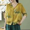 Ladies Printed Vintage Women's V-Neck Tops Casual Loose Cotton Linen Thin Section Half Sleeve Shirt