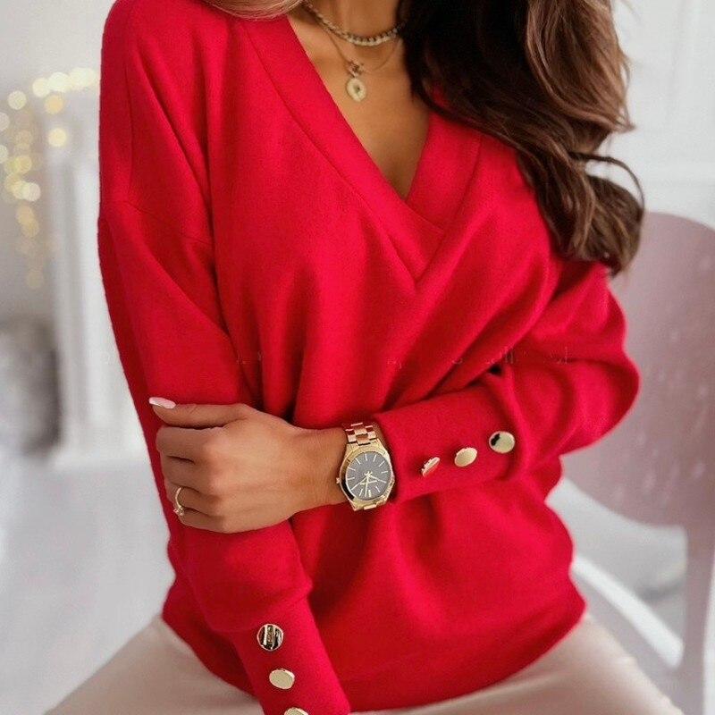 Autumn Pullover Women Sweater Loose V-neck Jumper Knitted Sweater Loose Office Lady Casual Winter Female Sweaters 12827