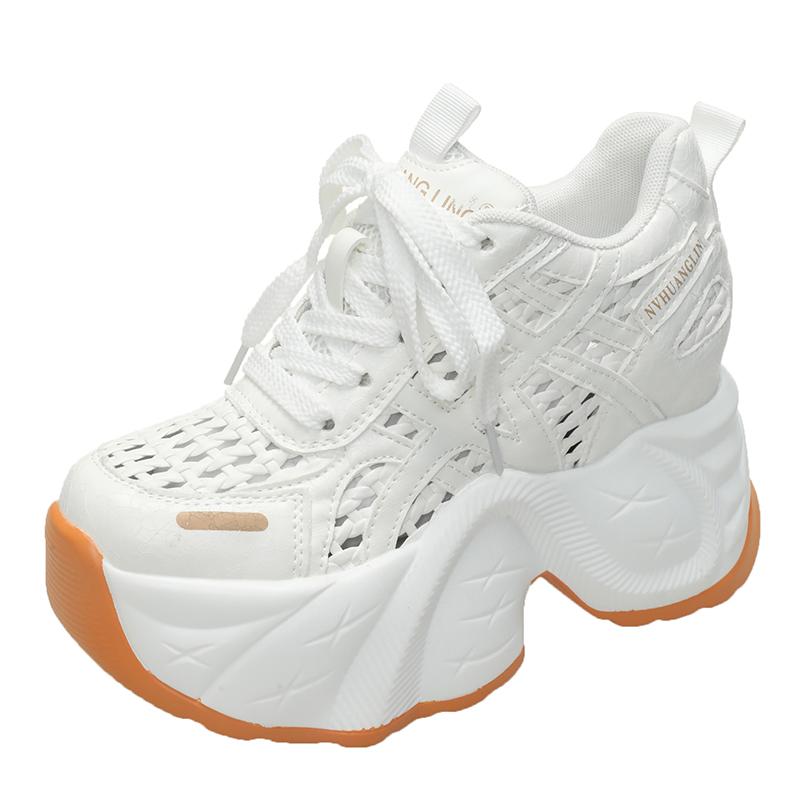 Fashion 2025 Chunky Leather Sneakers Summer Casual Vulcanized Shoes Woman High Platform Breathable Hollow Sneakers 9CM Sport Dad Shoes