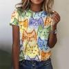 Cartoon Cat Pattern 3D Printed T-Shirt For Women Cute Animal Tees Summer Harajuku Loose T Shirts Round Neck Tops Short Sleeves