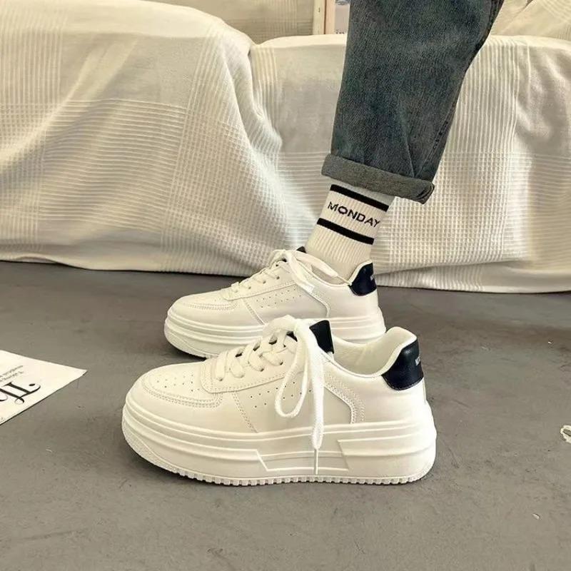 Breathable White Shoes Women 2024 Spring Casual Sports Thick Bottom Shoes Higher Running Board Leather Platform Sneakers Ladies