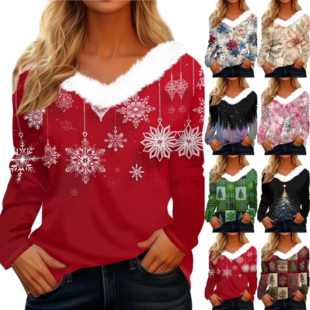 Long Sleeve Shirts For Women Cute Tops Christmas Prints Tees Blouses Casual Plus Size Basic Tops Pullover