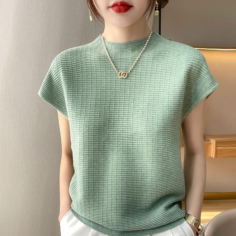 IHUASU Women's Short-sleeved T-shirt Spring and Summer Loose Thin O-neck Knitted Bottoming Shirt Tops