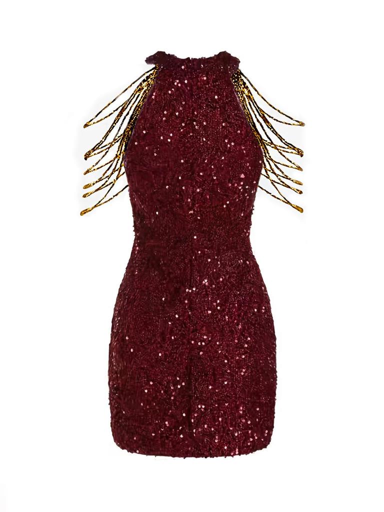 2025 Spring/Summer Crystal Chain Halter Neck Sequin Evening Dress