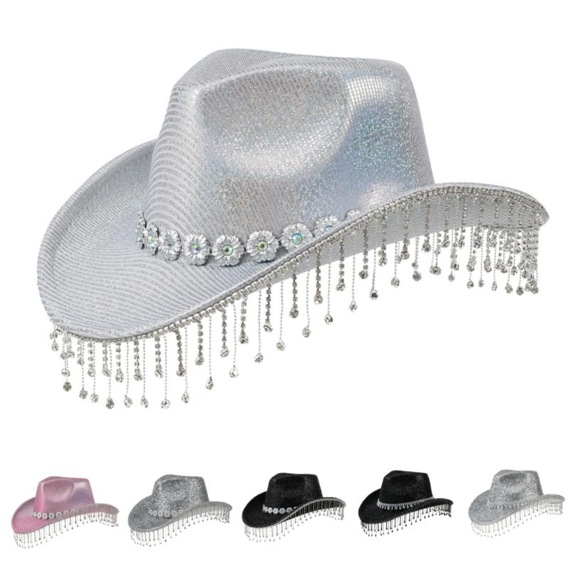 Heavy Diamond Cowboy Hats Tassels Crystal Hat for Disco House Cocktails Parties Vacation Sparkly Tassels for Comedian