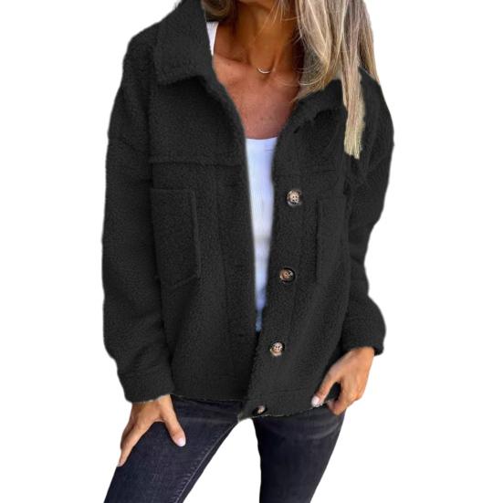 Winter Women Jacket with Double Pockets Thick Fleece Button Closure Cardigan Long Sleeves