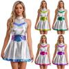 Women Carnival Rave Party Suit Space Astronaut Alien Robot Cosplay Costume A-line Mini Dress for Halloween Theme Party