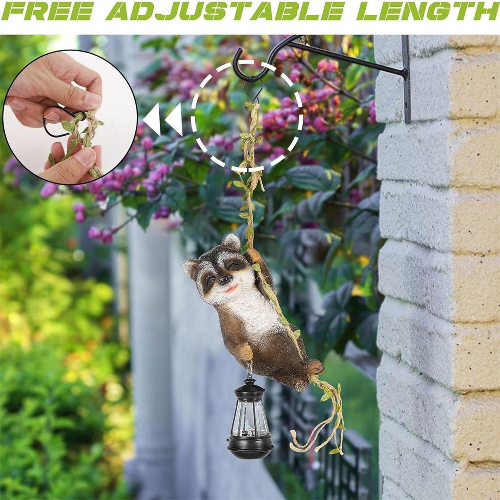 Solar Light Outdoor Statues, Resin Raccoon Climbing On A L Vine With LED, Waterproof Hanging Animal Figurine With Hook