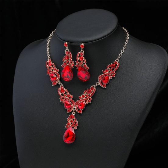 Women Necklace Earrings Set Luxury Symmetric Retro Rhinestone Hollow Out Anti-allergy Hanging