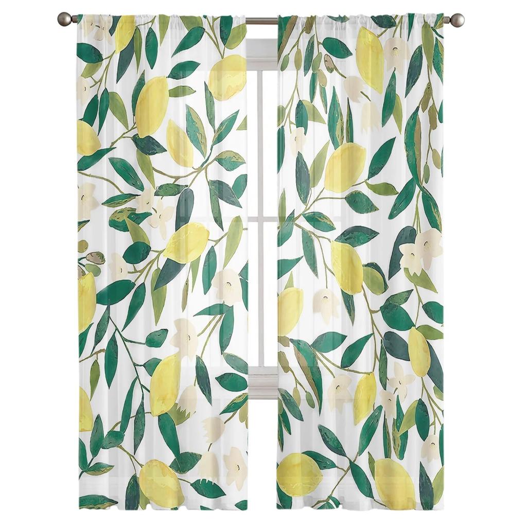Lemon Foliage Flowers Yellow Gradient Bedroom Transparent Sheer Curtains Holiday Decoration Window Voile Tulle Curtain