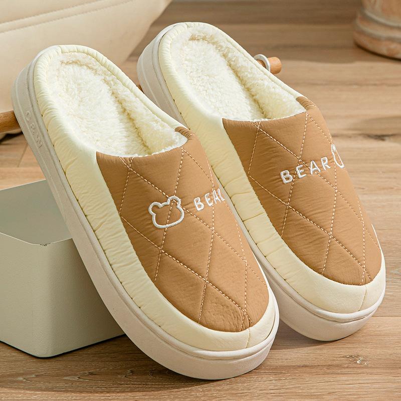 Down Cotton Slippers Autumn and Winter Indoor Home Waterproof and Non-slip Couple Plush Cotton Drag Winter