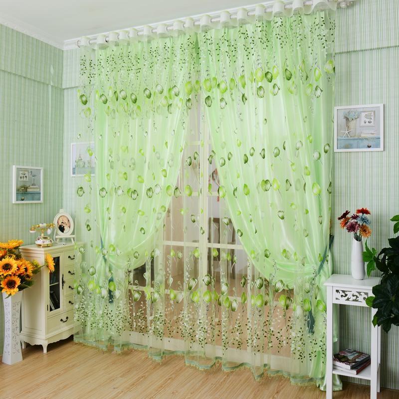 Tulip Flower Sheer Window Curtain Beads Tassel Door Scarf Drapes Valance Home Supplies