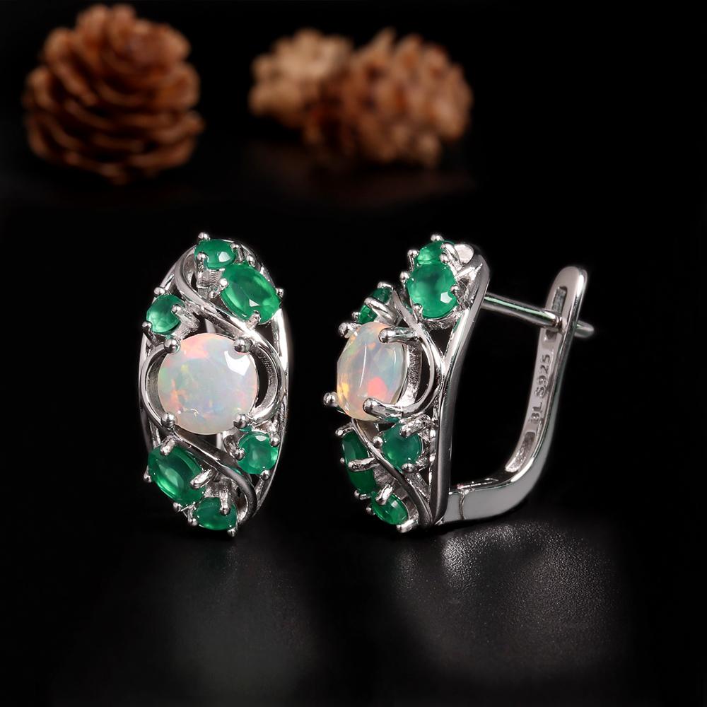 Luxury Design Natural Color Rich Opal & Green Agate Gemstone Ring Earrings Set Light Luxury Beautiful Jewelry for Women