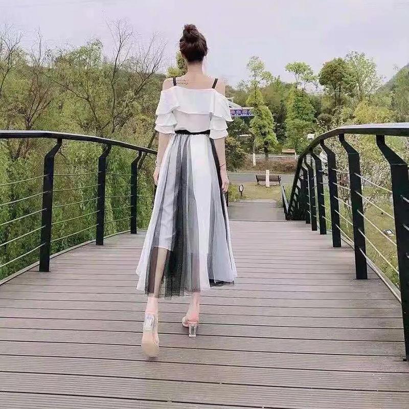 WTEMPO Women's Mesh Skirts Spring Summer Elegant Tulle Skirt Female Elastic High Waist Long Pleated Skirts Two-tone Panel Tutu Skirt