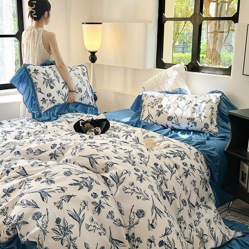 French Retro Light Luxury Washed Cotton Four Piece Set Bedroom Lace Duvet Set Single Bedding Set Dormitory Bed Linen