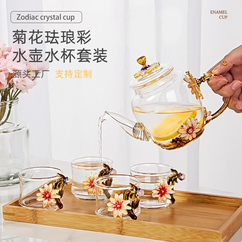 Creative Enamel Glass Household High Temperature Resistant Belt Handle Cold Kettle Crystal Glass Teapot Gift Box Set