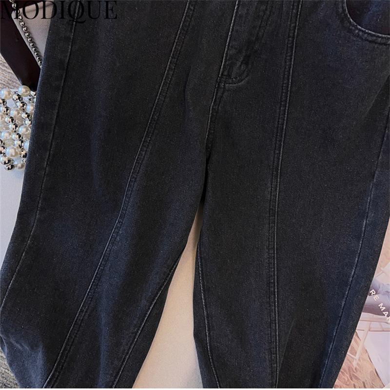 MODIQUE Spring Plus Size Women Vintage High Waist Elastic Straight Button Decoration Long Jeans Lady Basics Casual Pants Trousers