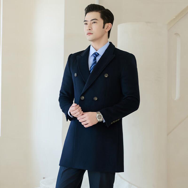 TROJAN Men's Double-Breasted Wool Blend Mid-Length Overcoat