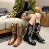 Western Cowboy Boots Retro Embroidered Knight Boots Women's 2025 New He Sui Same V-mouth Medium Boots Long Boots