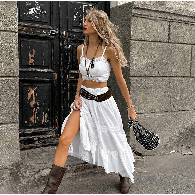 Summer Lace White Cotton and Linen Women's Suit Holiday Beach Suspender Square Neck Short Top + Mid Skirt Two-piece Set