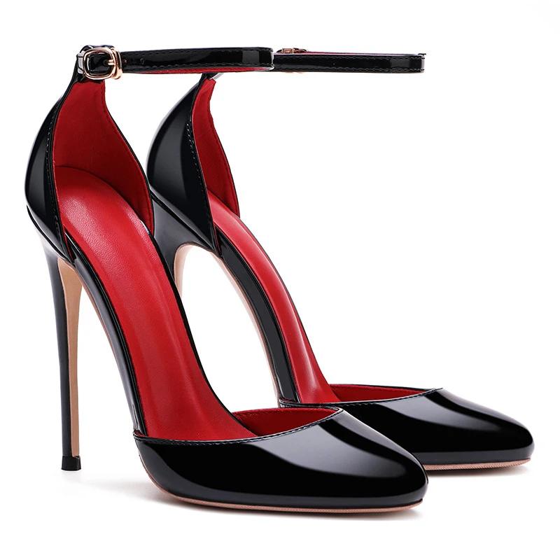 White Patent Leather Women Ankle Strap Stiletto Pumps Round HeadToe Sexy High Heel Shoes 10cm 12cm Customize 33-46 Zapatos Mujer