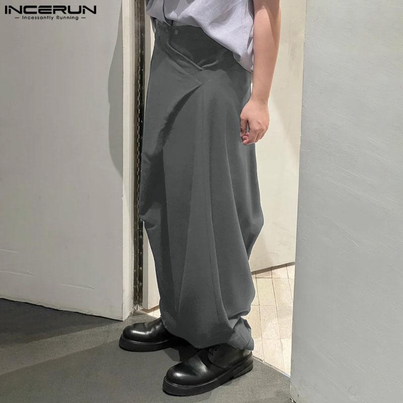 INCERUN Men Autumn Spring Solid Color Zipper Waist Trousers Casual Irregular Wide Leg Pants