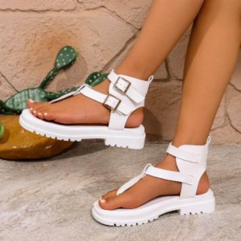 Fashion Summer New Sandals Thick Bottom Roman Style Flip Flops Fashion Ankle Belt Buckle Thick Middle Heeled Women's Shoes Large Size