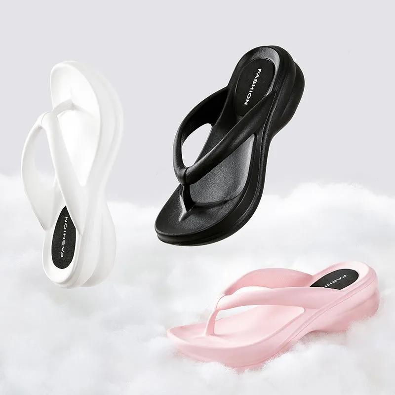 6cm Flip-flops Anti Slip High Heel Slippers Women's Slope Heel Thick Sole Slippers Summer Beach Shoes Fashionable and Comfortable