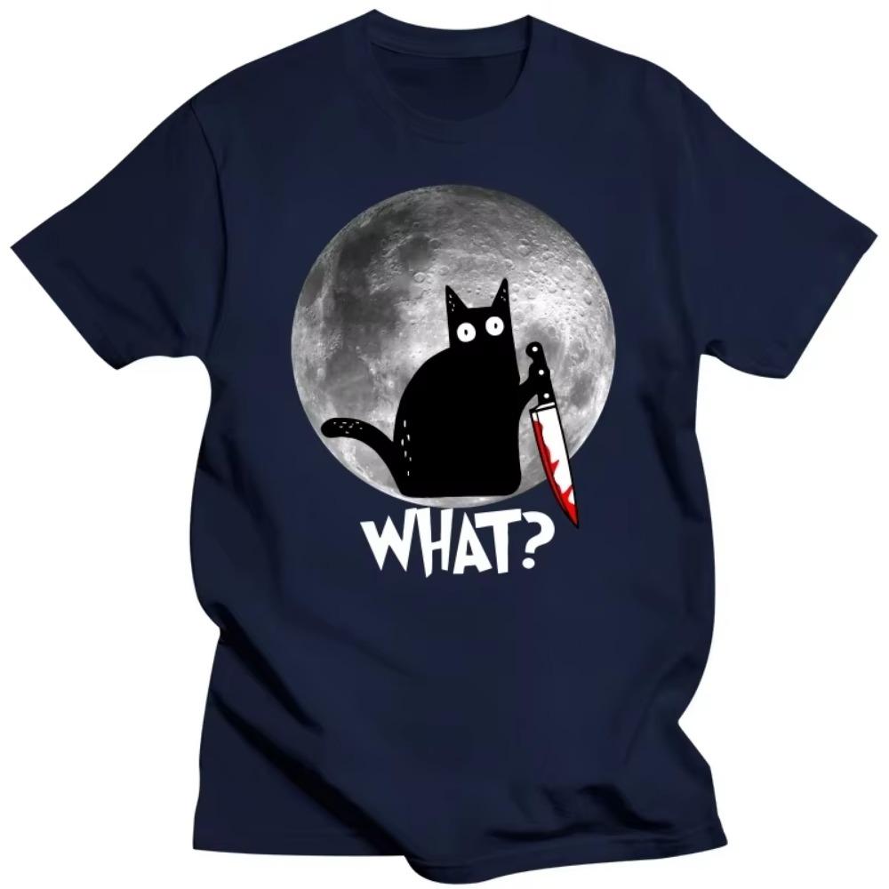 Fashion What Cat Full Moon T Shirts Men Short Sleeved Funny Halloween Black Tshirt Murderous Cat With Knife T-shirt Graphic Tee