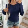 Women's Fashion Solid Color Round Neck Button Long Sleeve Top
