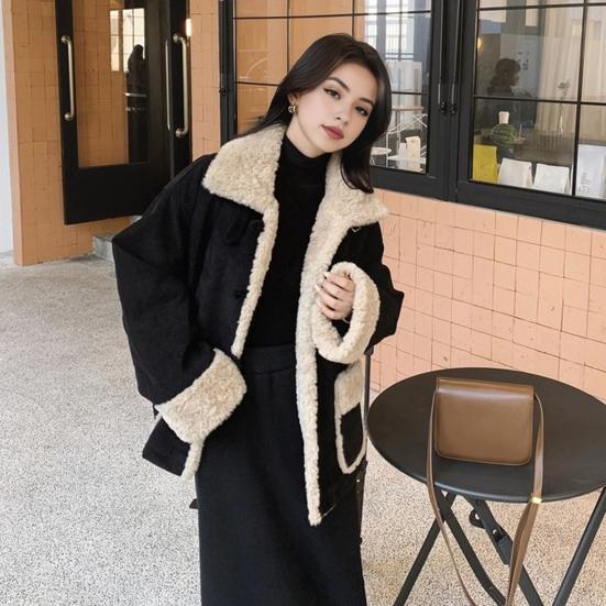 Women Winter Jacket Retro Fleece Contrast Color Thickened Plush Outerwear High Collar