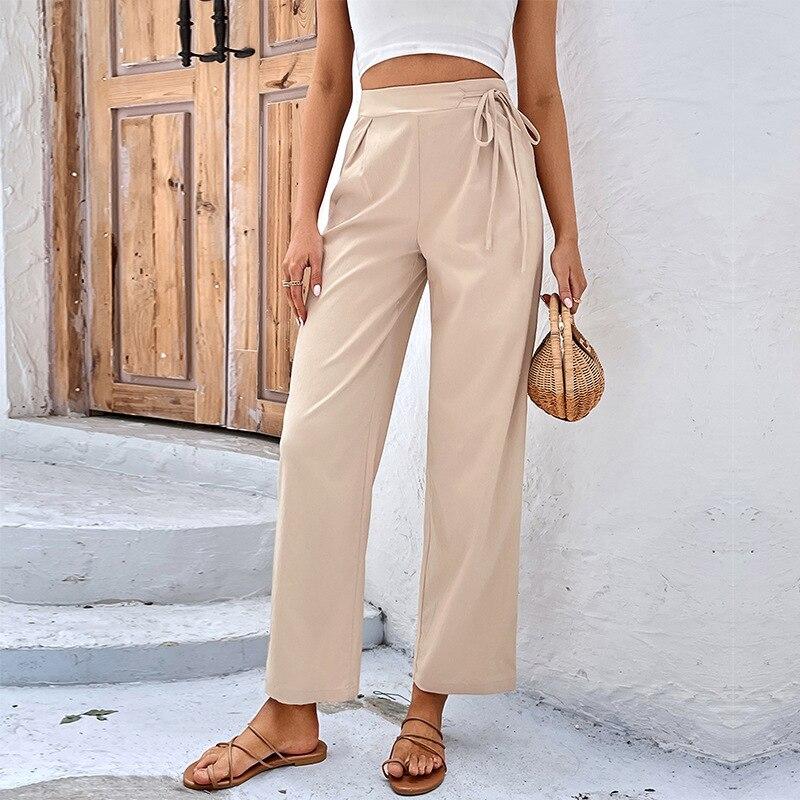 Women Elegant Apricot Loose Straight Pants Spring Office Lady Solid High Waist Ankle-length Pants Lace Up Pantaloni Donna 25622