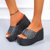 Fashion Sequined High-heeled One-word Slippers Women Summer Outer Wear Platform Beach Comfort Sandals On Offer 2025