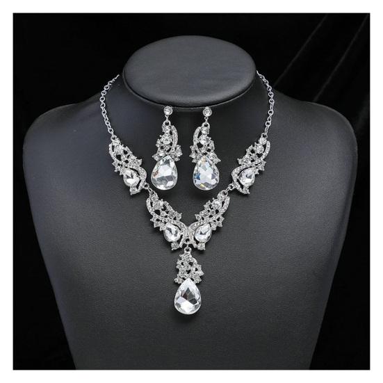Women Necklace Earrings Set Luxury Symmetric Retro Rhinestone Hollow Out Anti-allergy Hanging