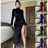 Women's Autumn and Winter High Collar Long Sleeve Velvet Slim Pleated Slit Long Dress