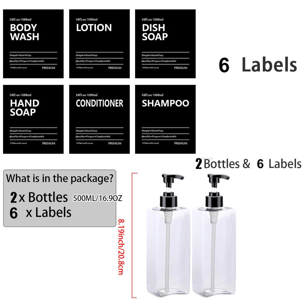 2pcs/set 500ml Square Empty Lotion Bottles with Labels Refillable Bottle Dispenser Containers Soap and Dish Soap Dispenser
