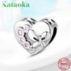 KATAOKA Quality 925 Sterling Silver Beads Pink Heart Shape Charms Fits Original European Bangle DIY