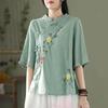 Large-size Stand Collar Oblique Embroidered Retro Tand Button Solid Color Pullover Mid-sleeved Cotton Linen Short Top for Women's Summer Clothing