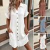 Summer Women Dress Turn-down Collar Single-breasted Loose Solid Color Cardigan Short Sleeves Buttons Side Pocket Knee Length Casual Lady Midi Dress