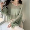 Long Sleeves Hollow Out Sweater Irregular Thin Design Women's Sun Protection Knitted Top V Neck Long Sleeves Loose and Lazy
