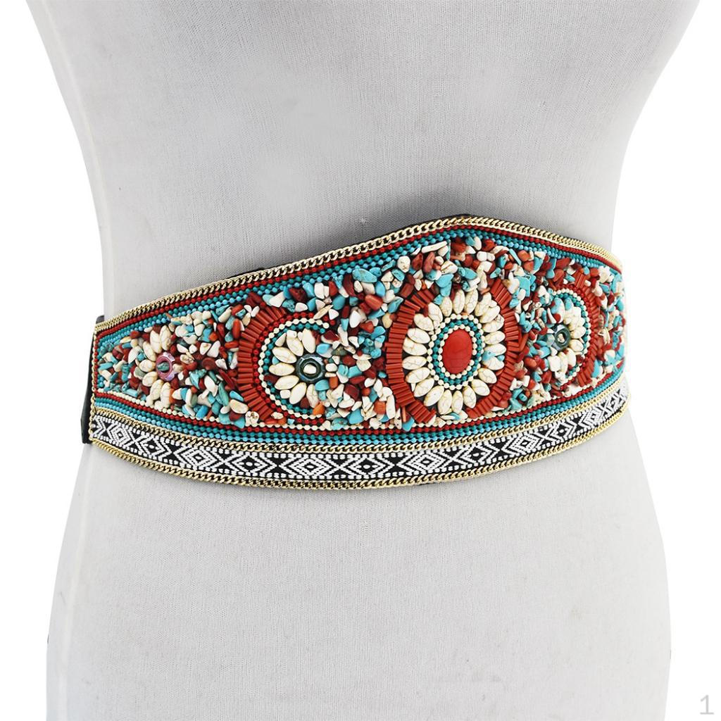 Bohemian Retro Charm Women Skinny Belt Ethnic Beaded Elastic 2