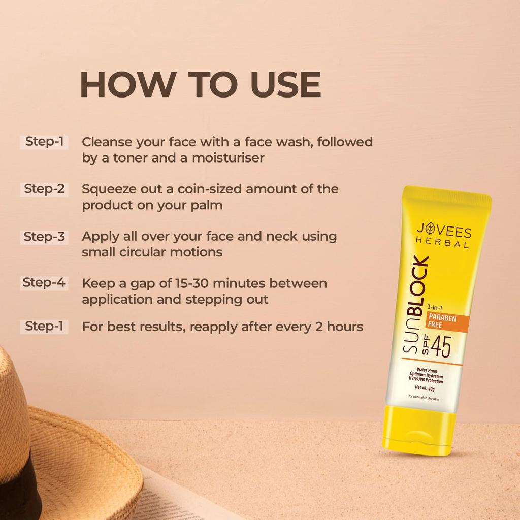 Jovees Herbal Sun Block SPF 45 Sunscreen For Dry Skin  | Broad Spectrum UVA UVB Blue Light Protection | Lightweight Non Greasy Hydrating 50g
