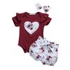 Newborn Girls Short Pants Outfits, Ruffles Heart Romper + Flowers Printed Shorts + Bowknot Headband Sets